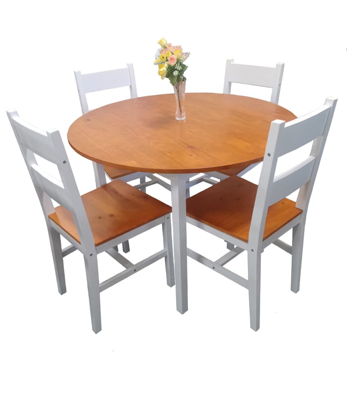 5 Piece Solid Pine Wood Round Table, Pine Round Table And Chairs