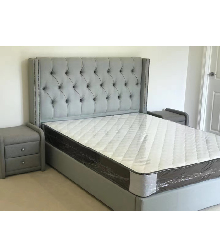 Luxury Grey Fabric Winged Metal Framed, High Queen Bed Frame Australia