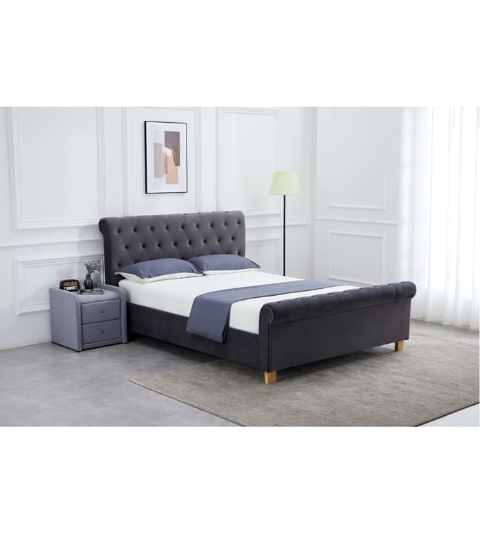 On Tufted Grey Velvet Bed Frame, European Style Bed Frame